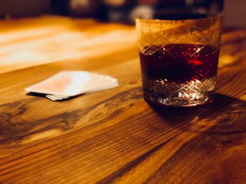 Close-up of beer in glass on table