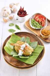 High angle view of meal served in plate on table