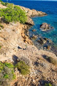 High angle view of rocks on shore