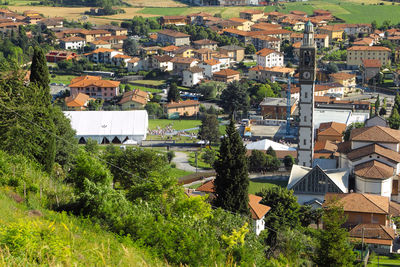 High angle view of townscape and trees in town
