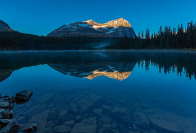 Scenic view of lake by mountains against blue sky