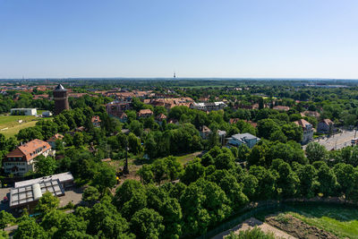 High angle view of townscape against clear sky