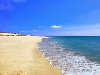 Scenic view of beach against blue sky