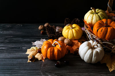 High angle view of pumpkins on table during autumn