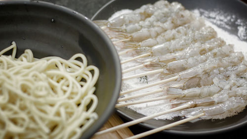 High angle view of rice in bowl on table