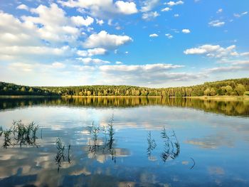 Reflection of sky on calm lake