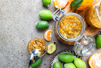 High angle view of fruits in jar