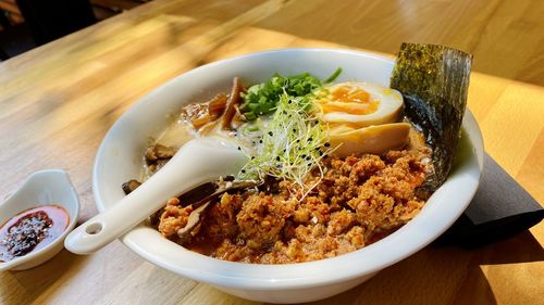 High angle view of meal served on table