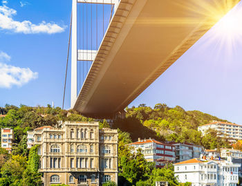 Low angle view of bridge and buildings against sky