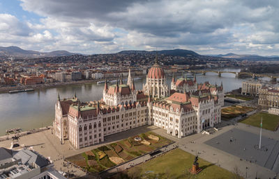 Budapest's majestic cityscape from a drone point of view featuring the hungarian parliament building