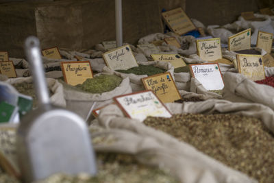 High angle view of food for sale at market stall