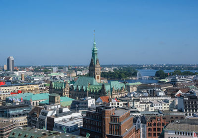 High angle view of buildings in city