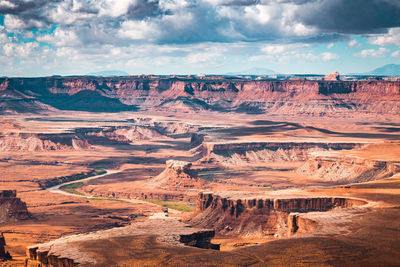 Aerial view of rock formations against cloudy sky