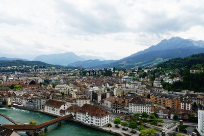 High angle view of city against cloudy sky