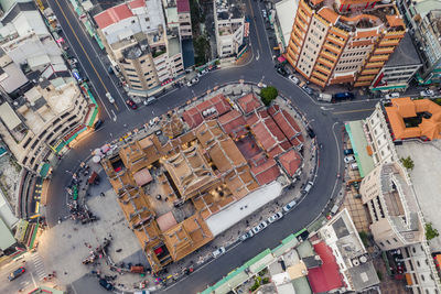 High angle view of street amidst buildings in city