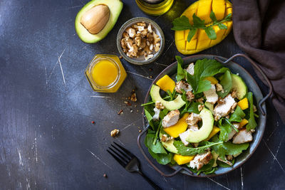 High angle view of breakfast on table