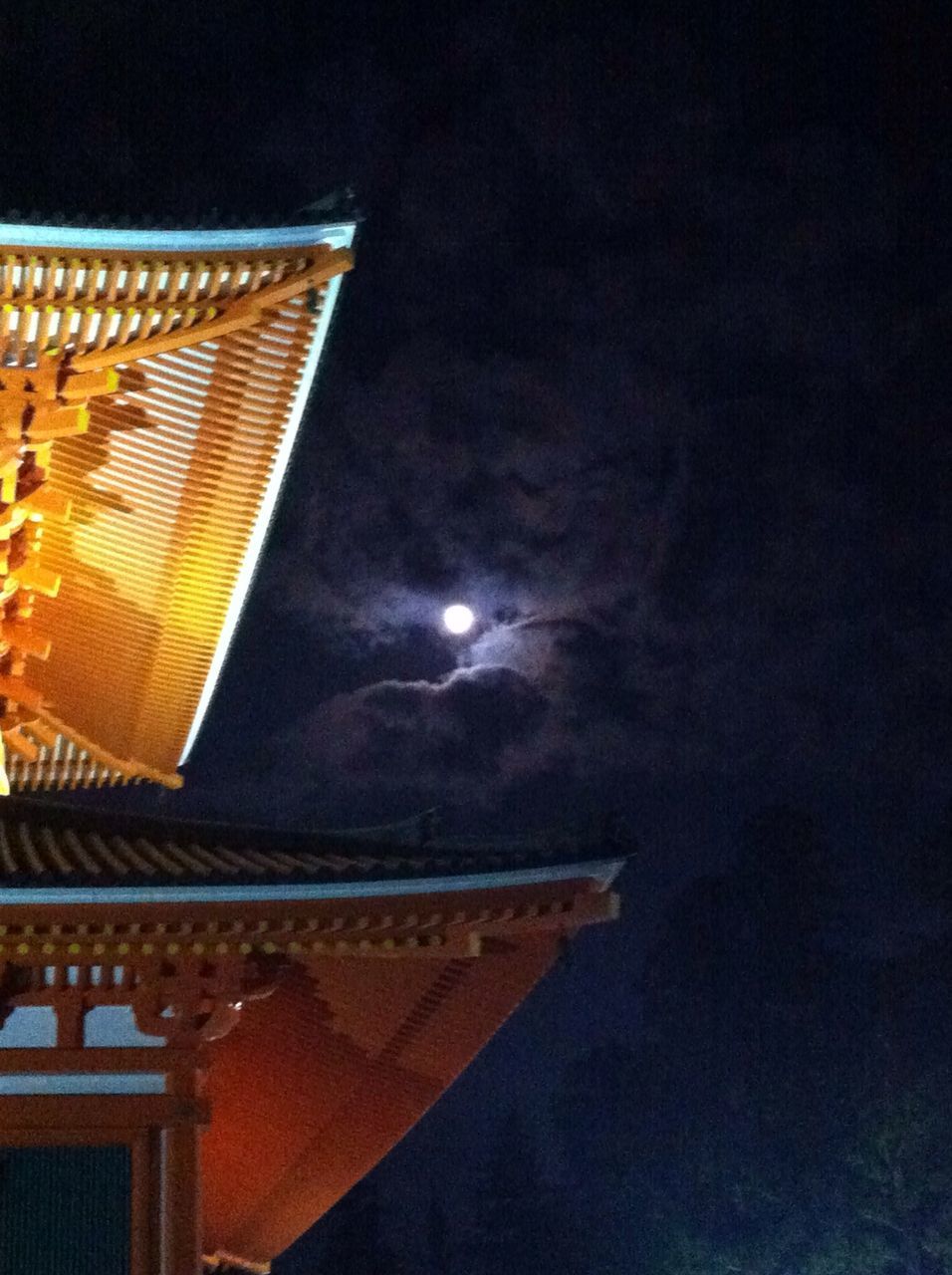 low angle view, architecture, built structure, building exterior, sky, roof, illuminated, night, building, high section, house, no people, outdoors, lighting equipment, cloud - sky, residential structure, religion, residential building, architectural feature, design