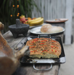 Close-up of food in tray on table