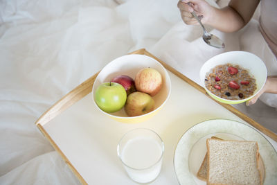 High angle view of breakfast on table