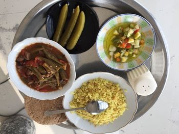 High angle view of meal served on table
