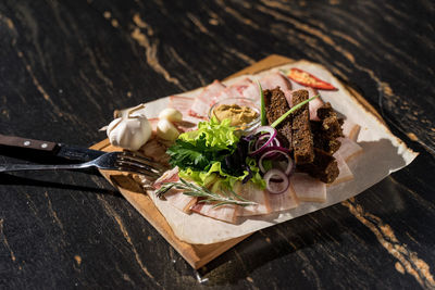 High angle view of food on table