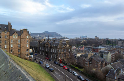 High angle view of road amidst buildings in edinburgh