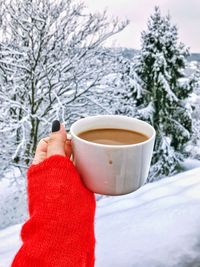 Cropped hand of woman holding coffee cup against trees during winter