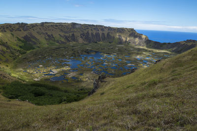 Scenic view of the volcanic lake landscape in easter island 