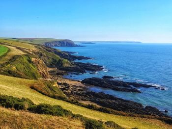 Scenic view of sea against clear blue sky