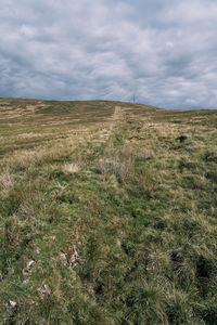 Scenic view of field against cloudy sky