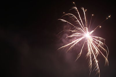 Low angle view of firework display at night