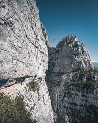 Low angle view of rocky mountains against clear sky