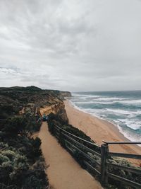 Scenic view of beach against cloudy sky