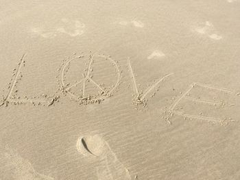 High angle view of text on sand at beach