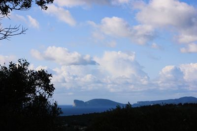 Scenic view of sea and mountains against sky