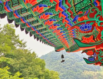 Low angle view of multi colored lanterns hanging on tree