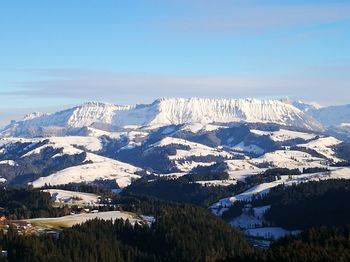 Scenic view of snowcapped mountains against sky