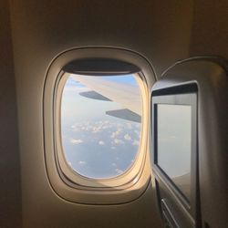 Airplane wing seen through window