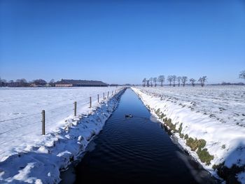 Scenic view of snow covered landscape against clear blue sky