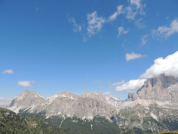 Low angle view of mountain range against blue sky