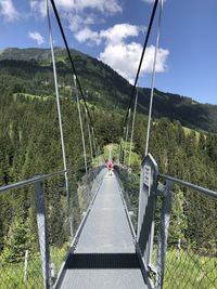 Footbridge amidst trees against sky