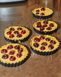 High angle view of dessert on table