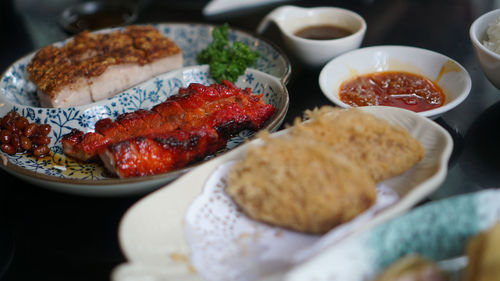 Close-up of breakfast served on table