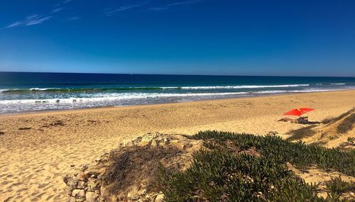 Scenic view of beach against clear blue sky