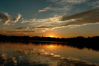 Scenic view of lake against sky at sunset