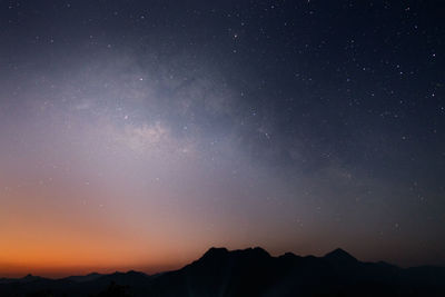 Scenic view of silhouette mountain against sky at night