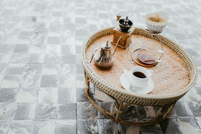 High angle view of drink on table