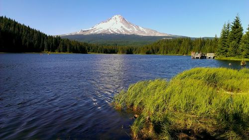 Scenic view of lake with mountains in background