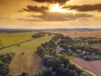 High angle view of townscape against sky during sunset