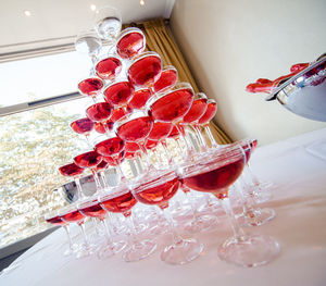 High angle view of red berries on table